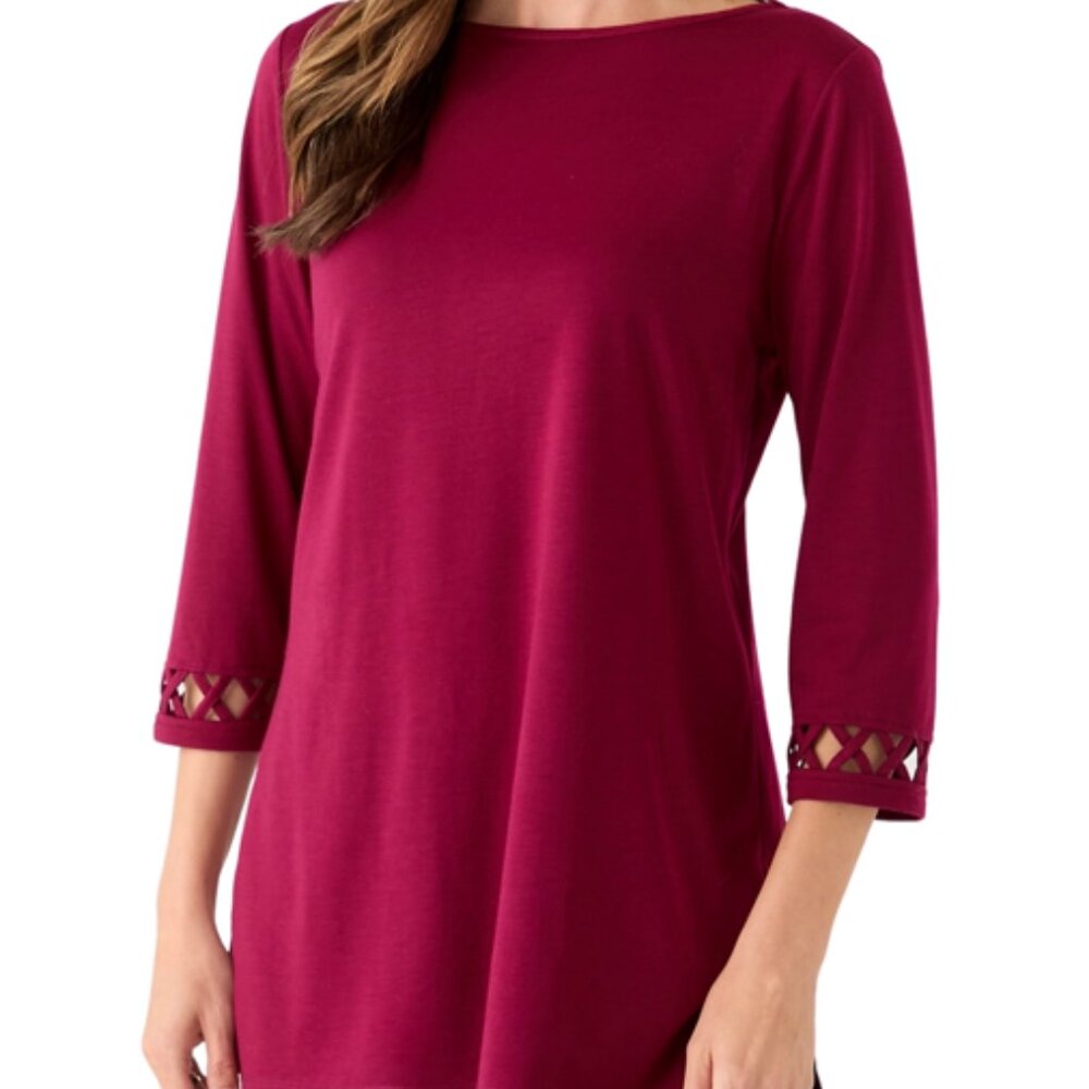 NWT KIM ROGERS Women's 3/4 Lattice Sleeve Top, Small, Sangria Maroon